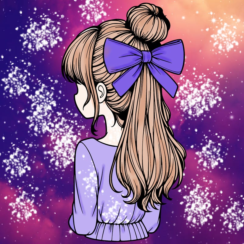 realistic girl  with hip length hair a bun and a big bow on the back of head