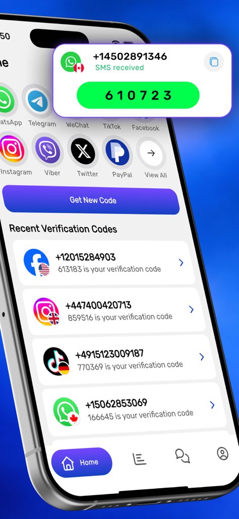 SMS io: Virtual Verification - SMS io app screen displaying virtual phone numbers and verification codes for various social media accounts