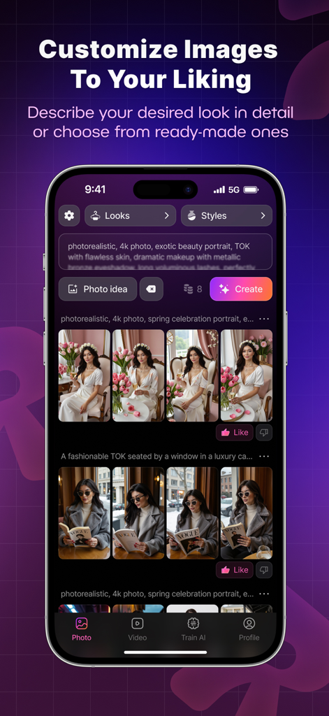 텍스트 프롬프트와 다양한 패션 스타일로 맞춤형 AI 프로필 사진 생성을 보여주는 ReCrea.ai 앱 인터페이스