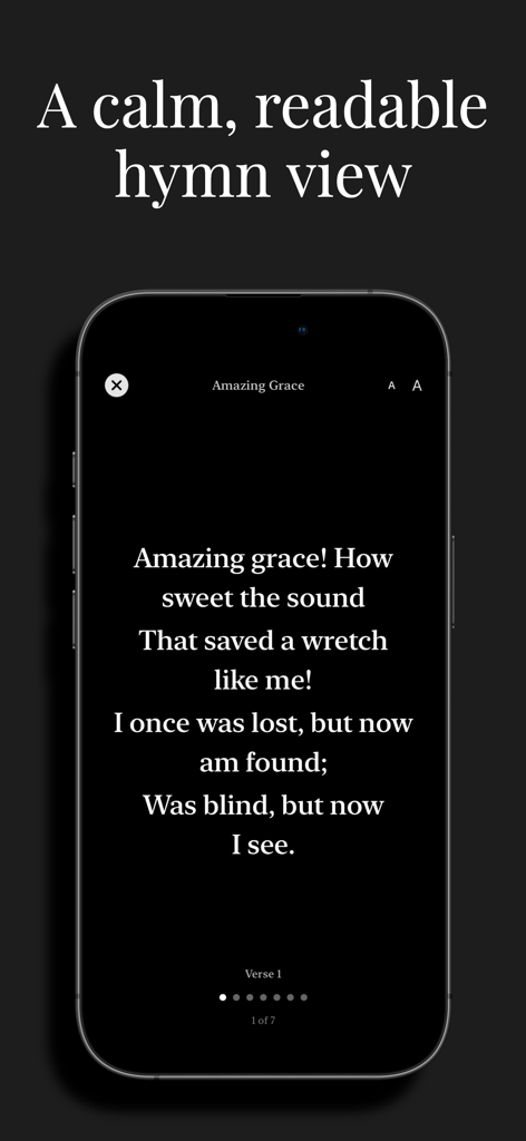 Hymns: Hymn Book - A clean and distraction-free dark mode view of the hymn Amazing Grace in the Hymns app.