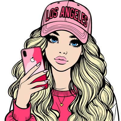 realistic beautiful girl wearing los ángeles cap holding an iphone