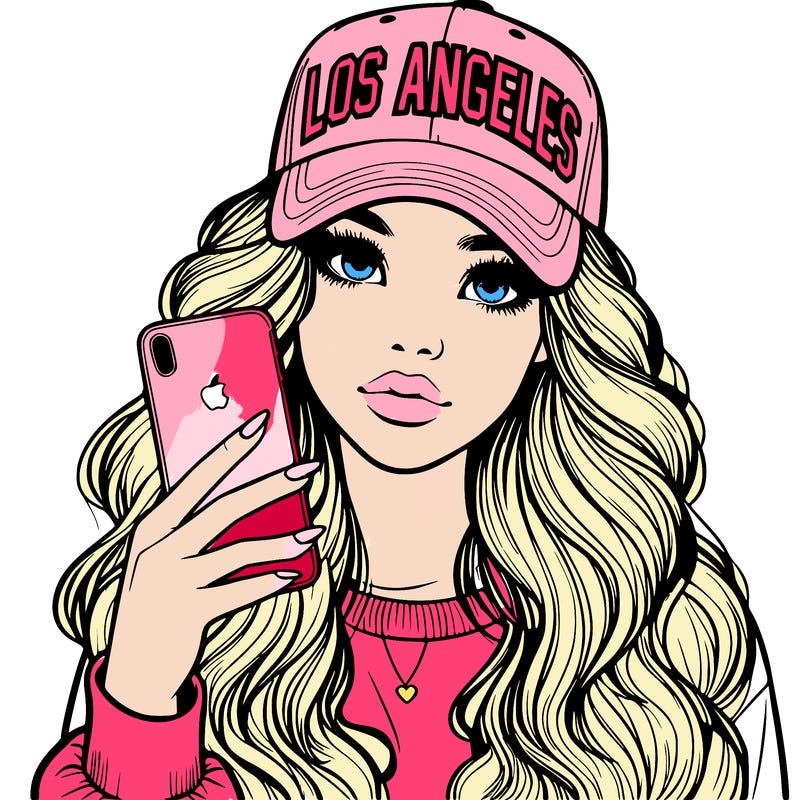 realistic beautiful girl wearing los ángeles cap holding an iphone