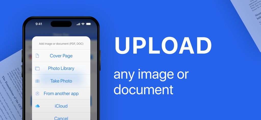 Fax Pro app interface showing options to upload documents from photo library, camera, or iCloud.