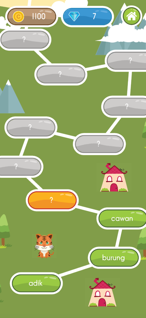 Belajar Mengeja ABC - 子供向けの教育ゲーム画面。マレー語の単語とカラフルなグラフィックが表示されたレベルマップが表示されている。