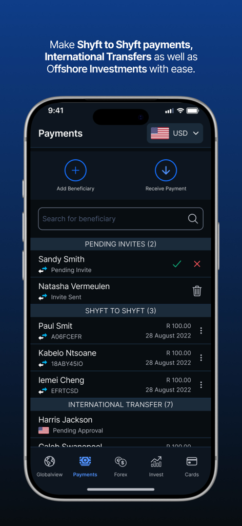 Shyft app interface for international transfers and global payments