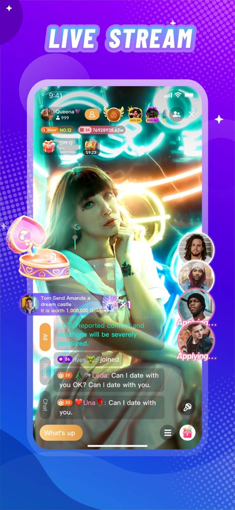 Live stream interface of the Vone app featuring a host and interactive chat