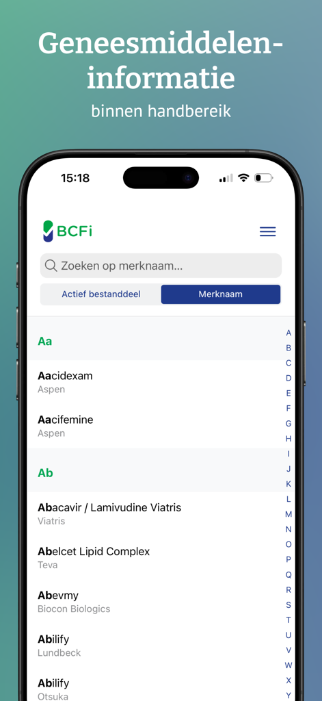 The BCFI medical app interface displaying an alphabetical list of drugs and a search function.