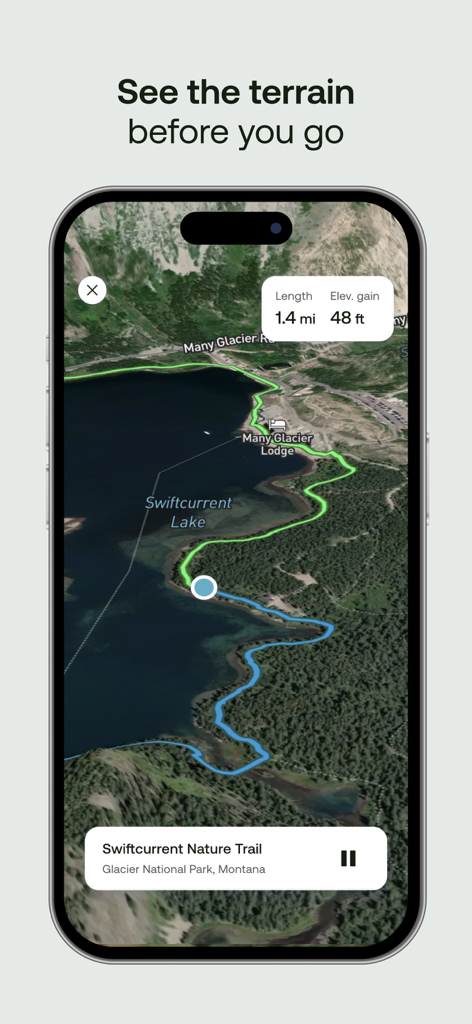 3D terrain map view of Swiftcurrent Nature Trail in the AllTrails app