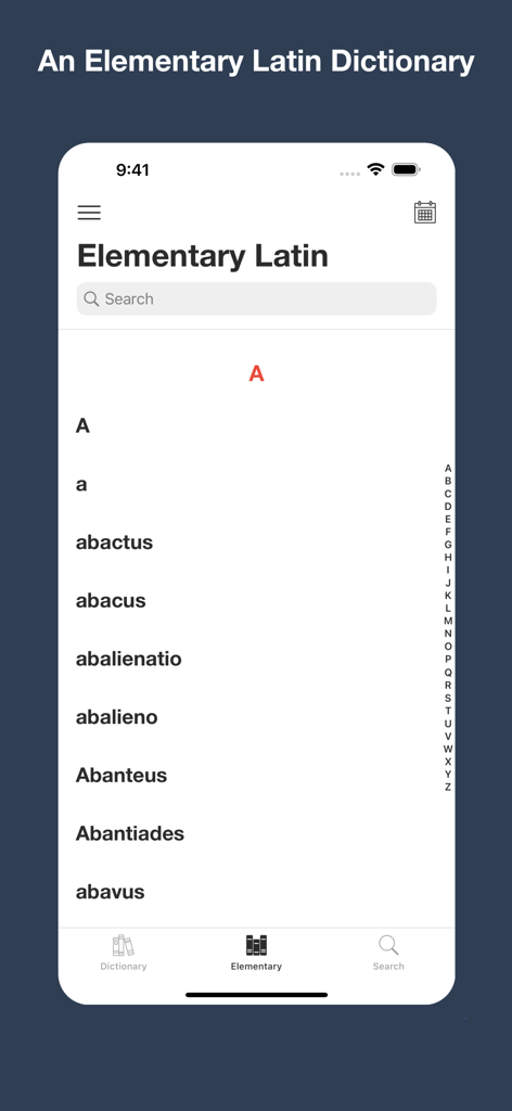 Latin Dictionary Lewis & Short - Elementary Latin Dictionary app screen displaying a list of words starting with A