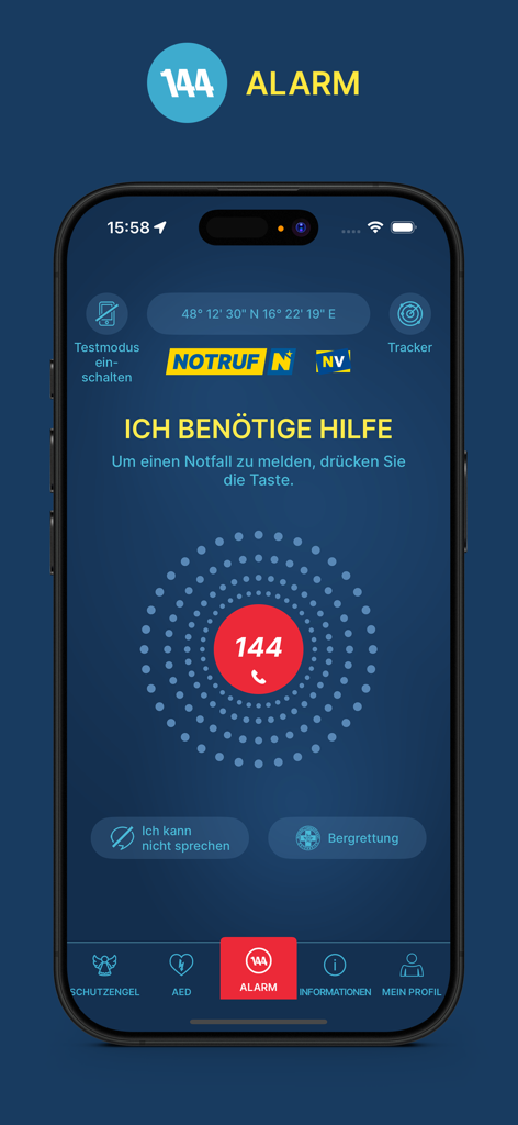 Rettung app interface showing the emergency alarm screen with a large red 144 call button and GPS coordinates