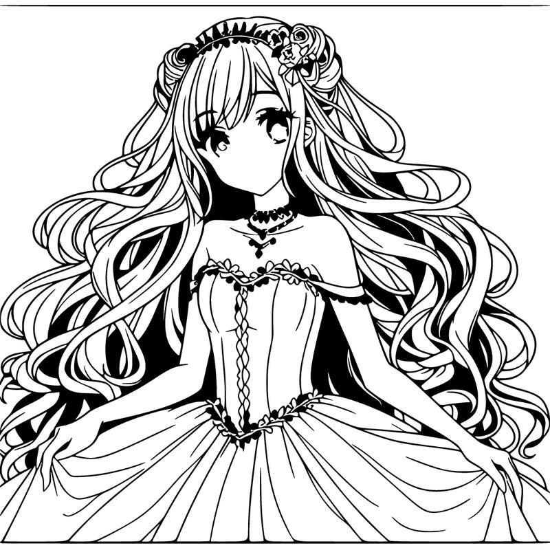pretty anime woman with long hair and wearing a ball gown