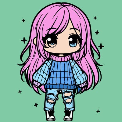 chibi girl with ripped jeans,long hair, and an oversized sweater