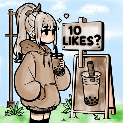 girl with oversized hoodie drinking boba and she has a high ponytail with a sign that says 10likes?