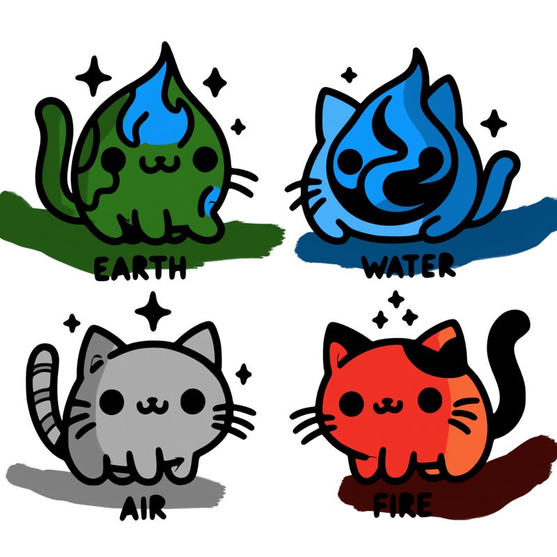 4 cats that represent the different elements, earth, water, air, and fire