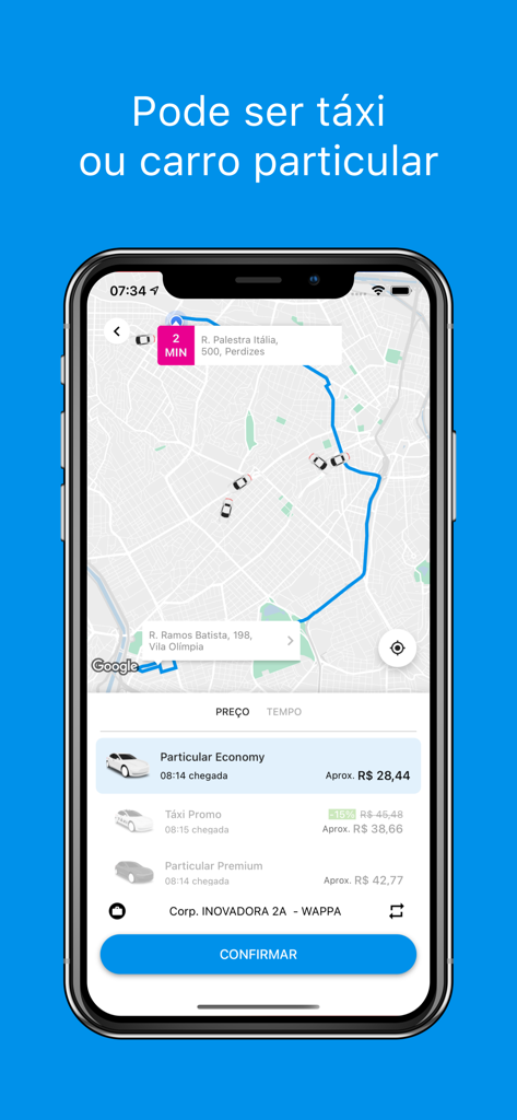 Wappa: Táxi e Carro Particular - Wappa mobile app screen showing ride hailing options for taxi and private car with pricing