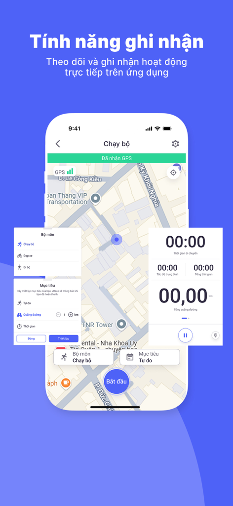 vRace mobile app interface showing GPS tracking for running with a map and real-time activity statistics.