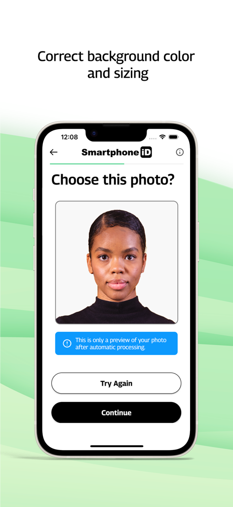Smartphone iD - Passport photo - Smartphone iD app interface showing a passport photo preview after automatic background and sizing processing