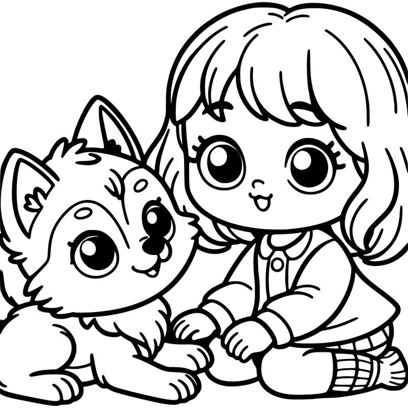 a girl with a baby wolf playing together