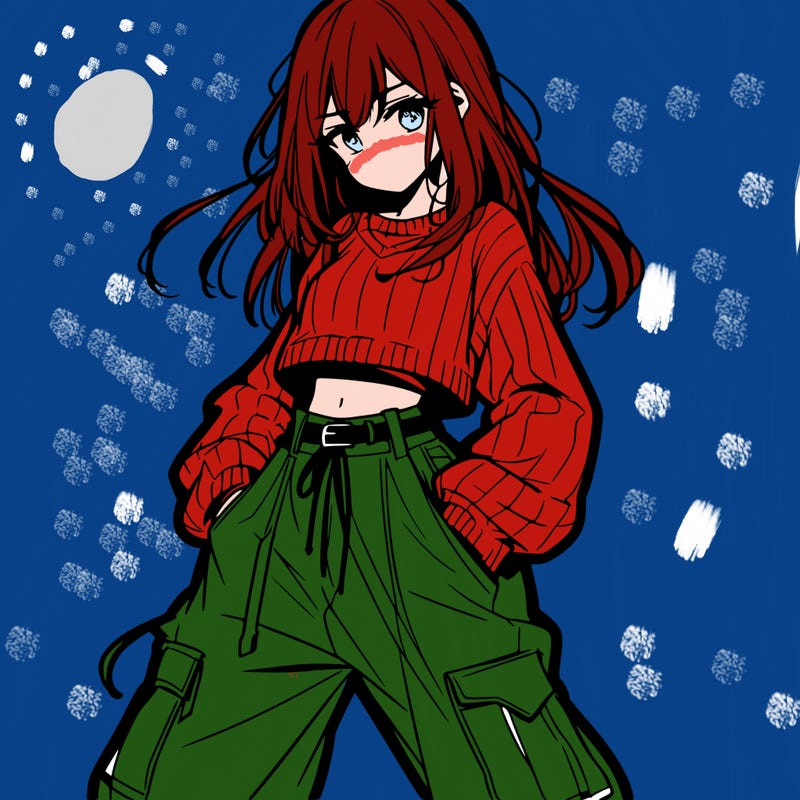 anime teen girl with baggy pants and crop top with sweater
