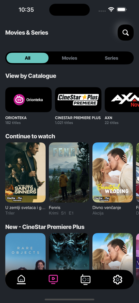 Benutzeroberfläche der Orion TV App mit Film- und Serienkatalog sowie Kategorien wie CineStar Premiere Plus und AXN