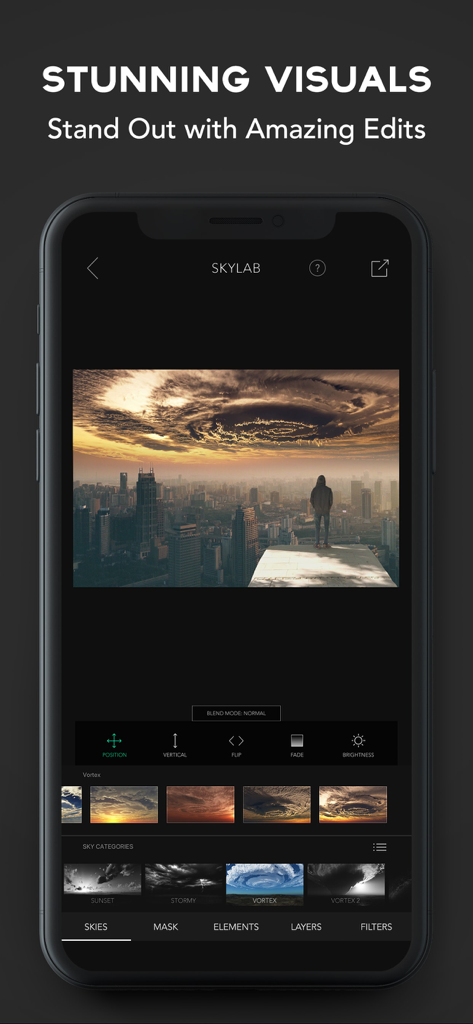 SkyLab app interface on an iPhone showing a dramatic sky replacement edit over a city skyline