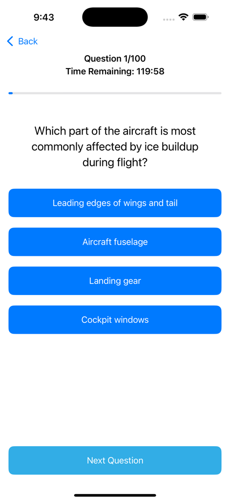 Prepare Aviation Maintenance - Prepare Aviation Maintenance FAA試験対策アプリ内の、航空機の着氷に関する多肢選択式練習問題。