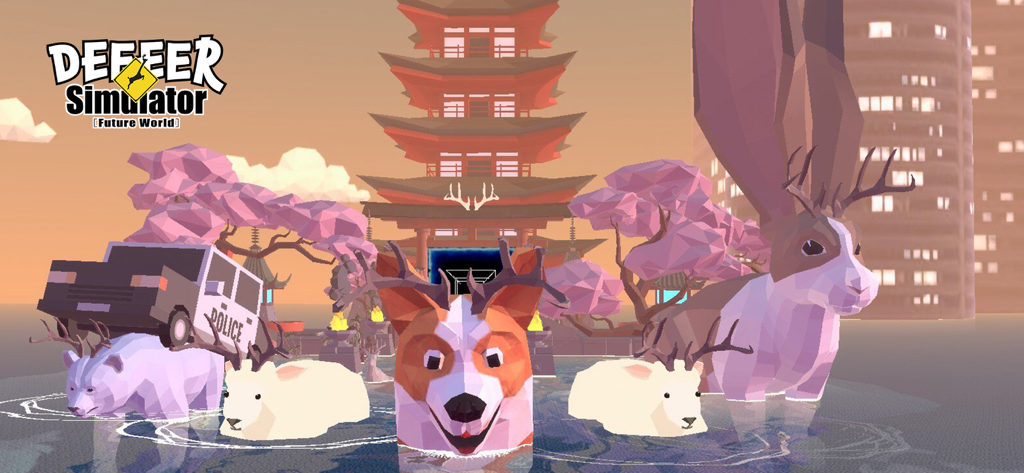 DEEEER Simulator: Future World - Surreale Szene mit einem Corgi und einem Bären mit Geweih in einer futuristischen Wasserstadt aus DEEEER Simulator