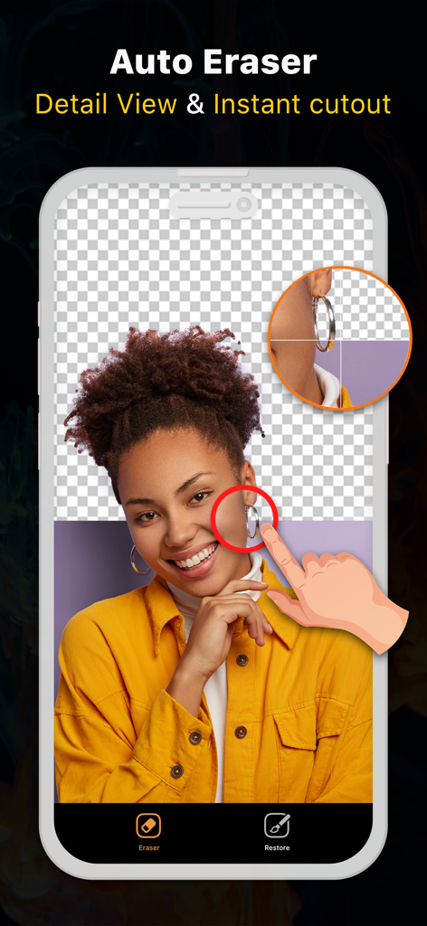 Background Changer: Auto Erase - Interfaz de la aplicación móvil que muestra la eliminación detallada de fondos en una foto.