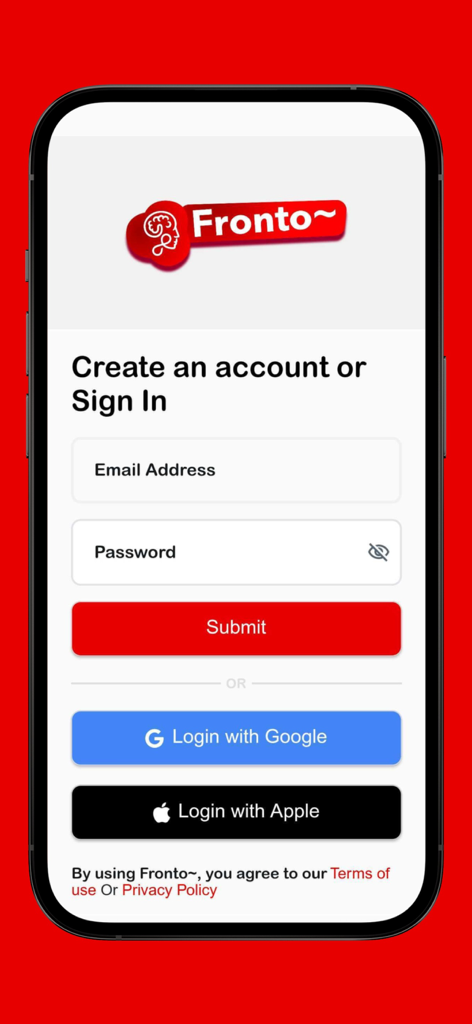 Tela de login e registro do aplicativo Fronto com opções de login por e-mail, Google e Apple.