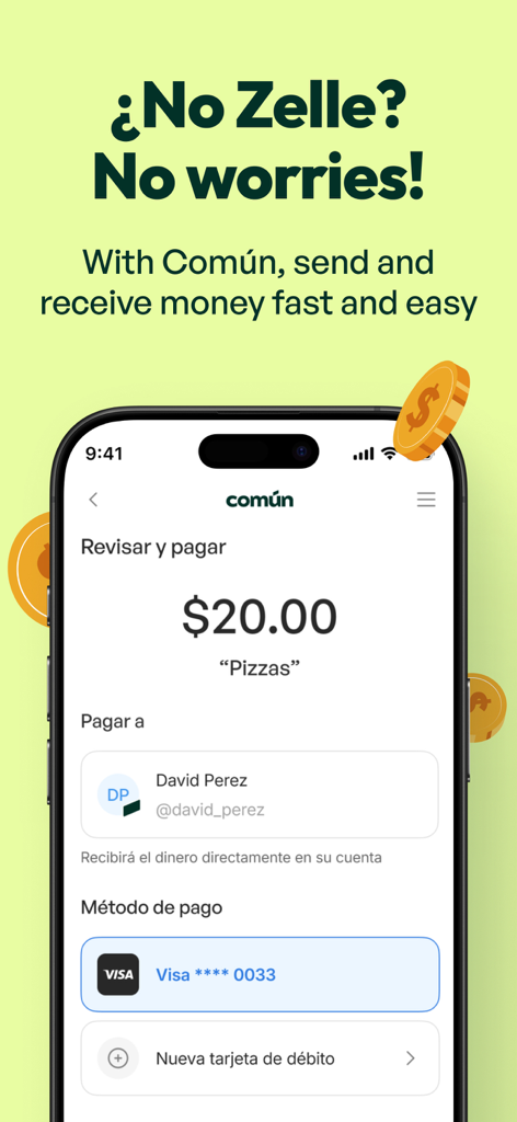 Comun app screen showing a twenty dollar payment for pizzas without using Zelle