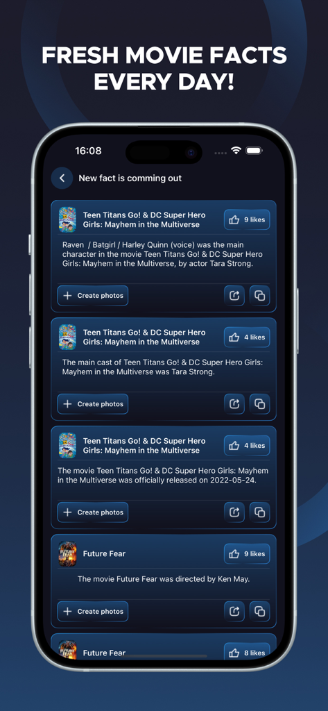 Magis TV & Movie Facts - Interface do aplicativo Magis TV mostrando um feed diário de fatos de filmes e cartões de curiosidades para cinéfilos
