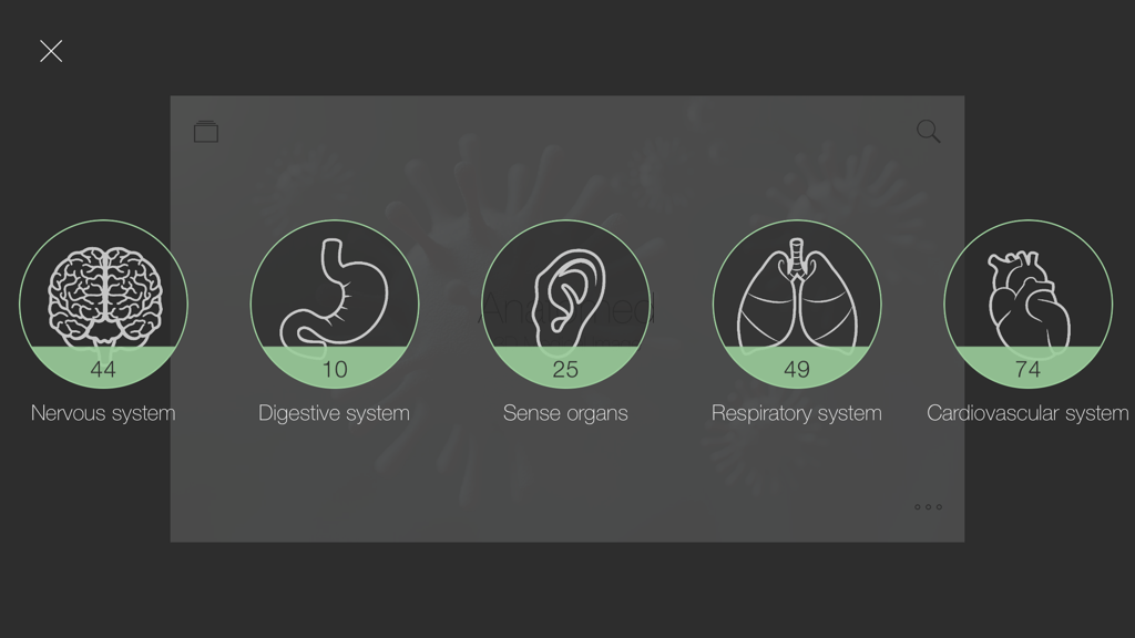 Anatomed - 3D Medical Image - Selection screen of Anatomed app displaying categories for nervous digestive respiratory and cardiovascular systems