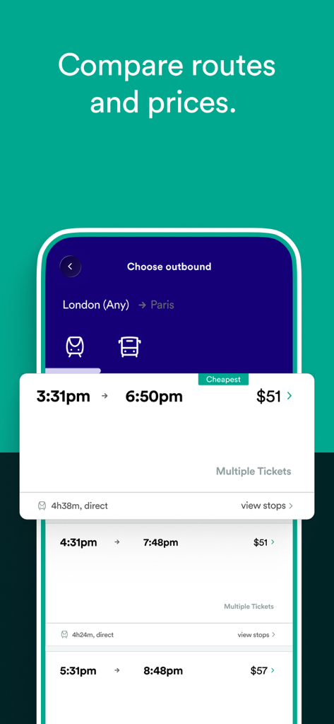 Trainline app screen displaying train route options and prices in USD for a trip from London to Paris.