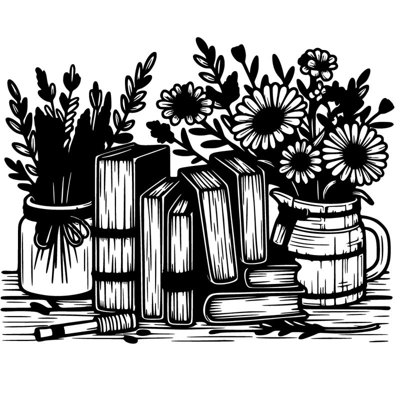 rustic books and flowers realistic