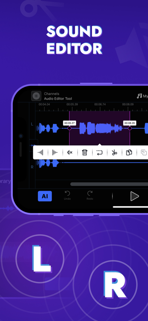 Audio Editor Tool: Edit Music - Audio Editor Toolアプリのサウンドエディターインターフェース。オーディオ波形と編集アイコンを表示するiPhoneのスクリーンショット。