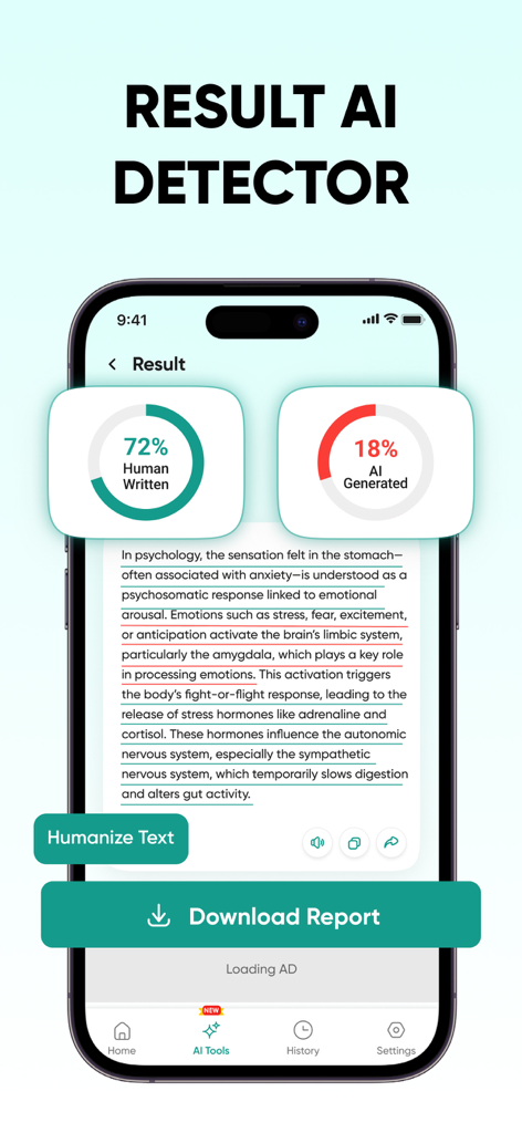 Plagiarism Checker | Detect AI - Mobile app screen showing AI detection results with human written and AI generated percentages