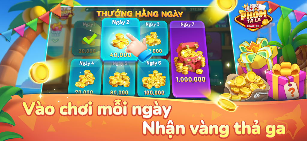 Phỏm Tá Lả ZingPlay Global - Pantalla de recompensas por inicio de sesión diario para el juego de cartas Phom Ta La que muestra varias cantidades de monedas de oro gratis
