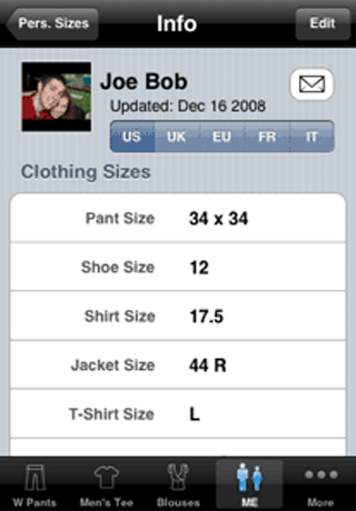 Clothes Size - Pantalla de perfil personal en la aplicación Tallas de Ropa que muestra las medidas guardadas para pantalones, zapatos y camisas.