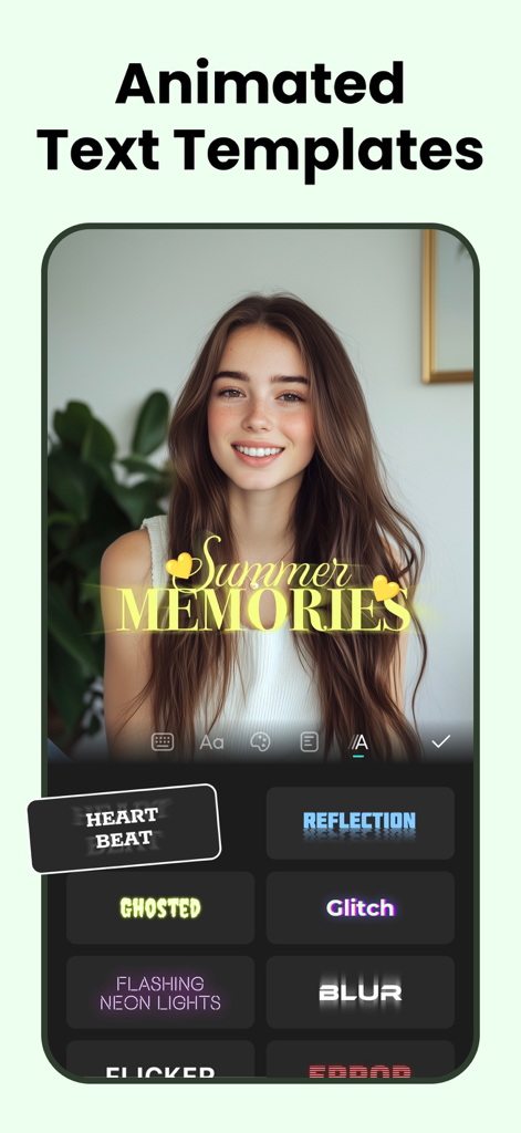Reels Editor, AI Video: inMelo - Aesthetic animated text templates and font overlays on a photo within the inMelo video editor app interface.