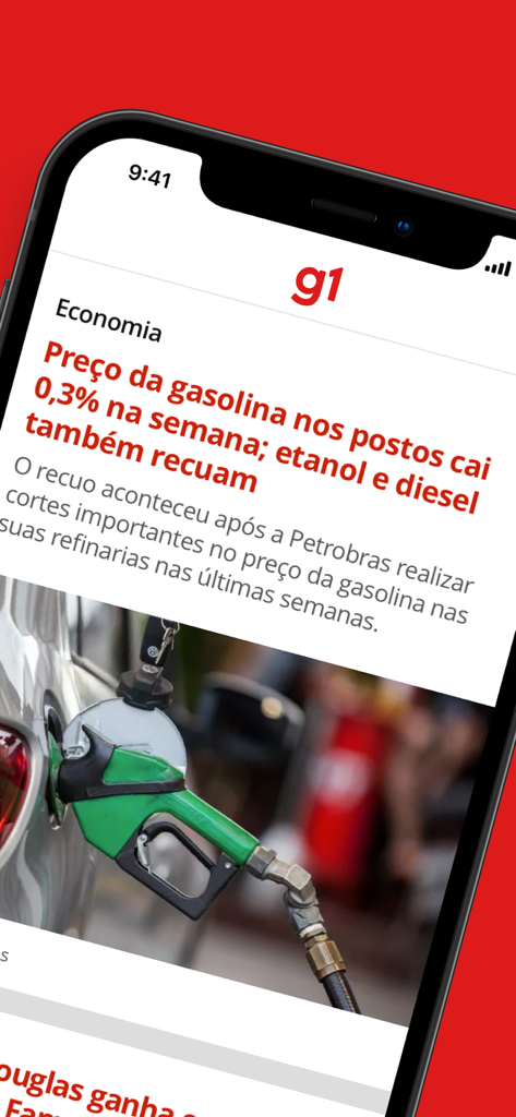 브라질 유가에 대한 경제 기사와 주유기 사진이 있는 G1 뉴스 앱을 보여주는 스마트폰 화면