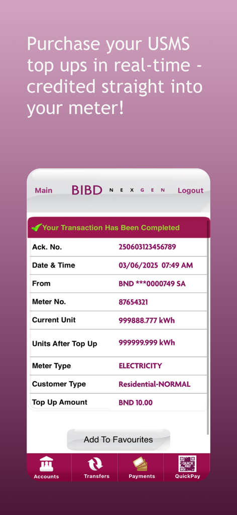 Aplicativo BIBD Mobile mostrando uma tela de confirmação de pagamento de conta de eletricidade e recarga de medidor bem-sucedida.