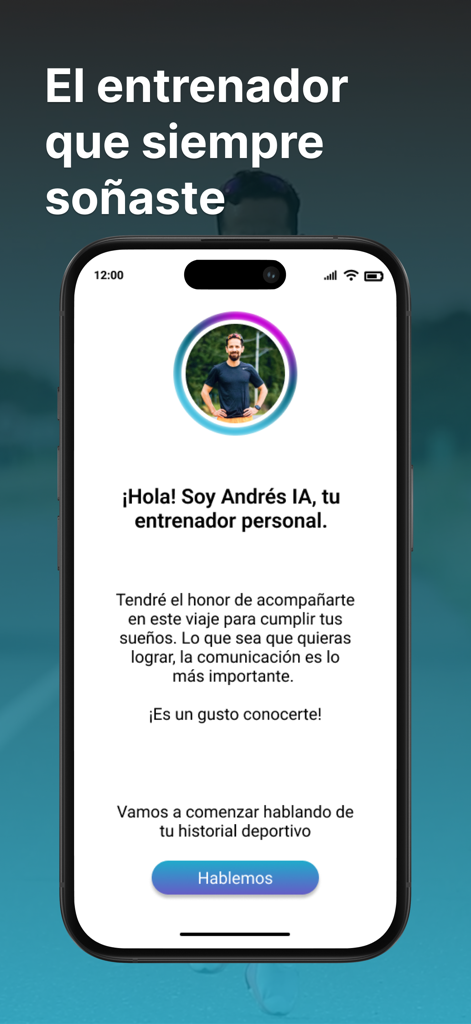 ONE running - Una pantalla de smartphone que muestra la página de bienvenida de la aplicación ONE running con Andrés, un entrenador personal IA.