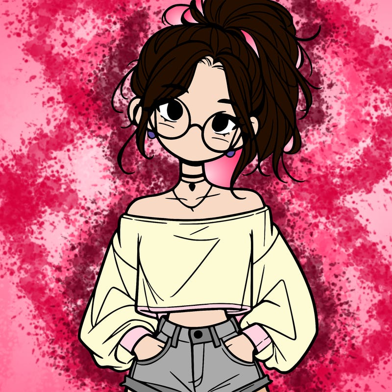 girl with a messy ponytail glasses a baggy crop top and jean shorts