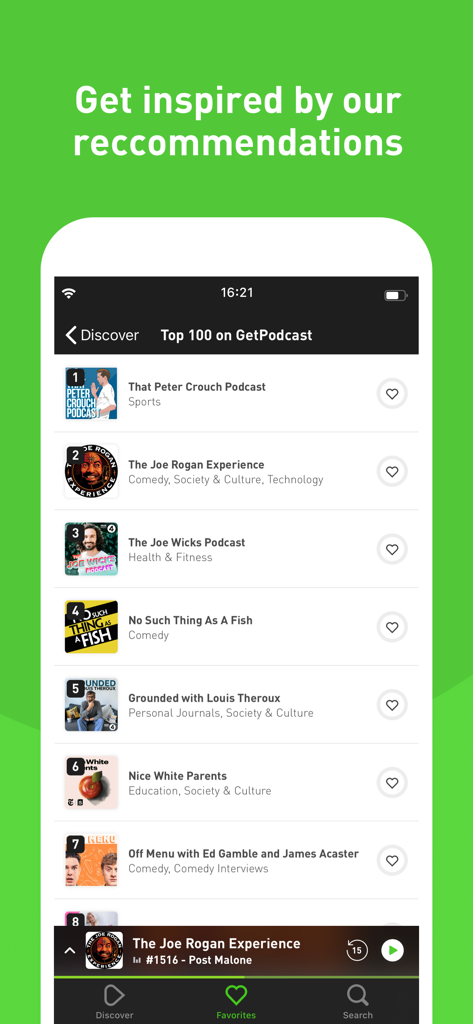 GetPodcast - Podcast Player - Oberfläche der GetPodcast-App, die eine Liste der Top-100-Podcast-Empfehlungen zeigt.