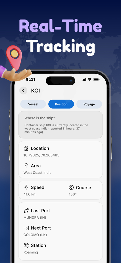 Mobile App-Oberfläche, die Echtzeit-Tracking und Positionsdetails für ein Frachtschiff anzeigt