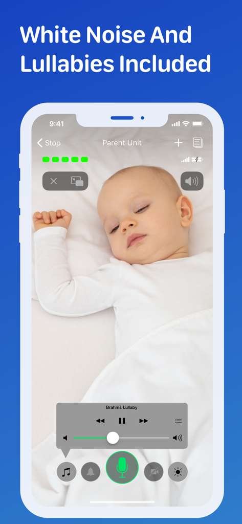 Cloud Baby Monitor - Cloud Baby Monitor 앱 인터페이스, 자고 있는 아기 표시, 브람스의 자장가 재생 중인 자장가 플레이어 활성화