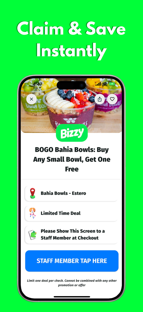 Bizzy - Deals Near Your Campus - A mobile screen from the Bizzy app showing a buy one get one free deal for fruit bowls near a college campus