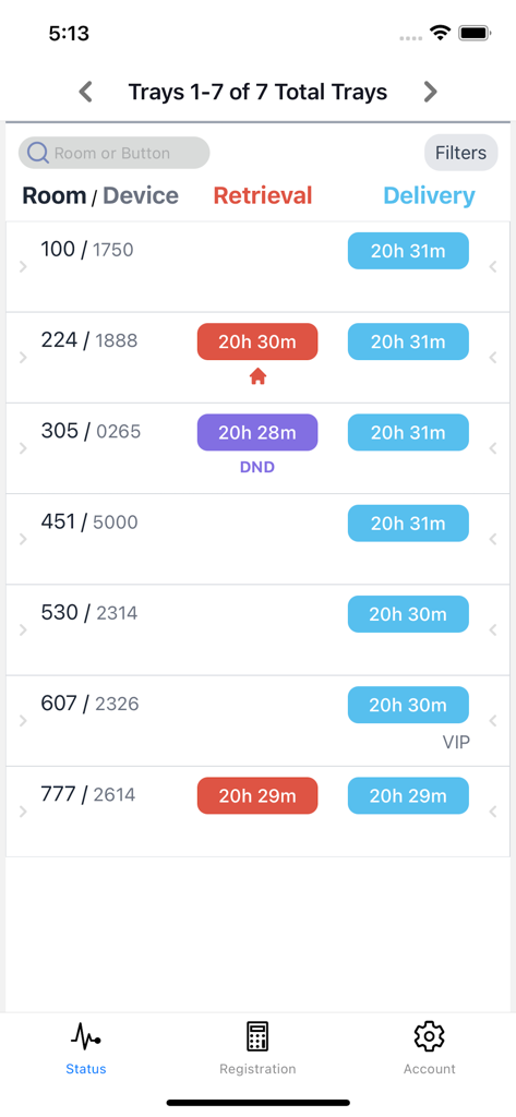 TrayAway Pro - Hotel staff dashboard displaying room service tray retrieval and delivery status by room