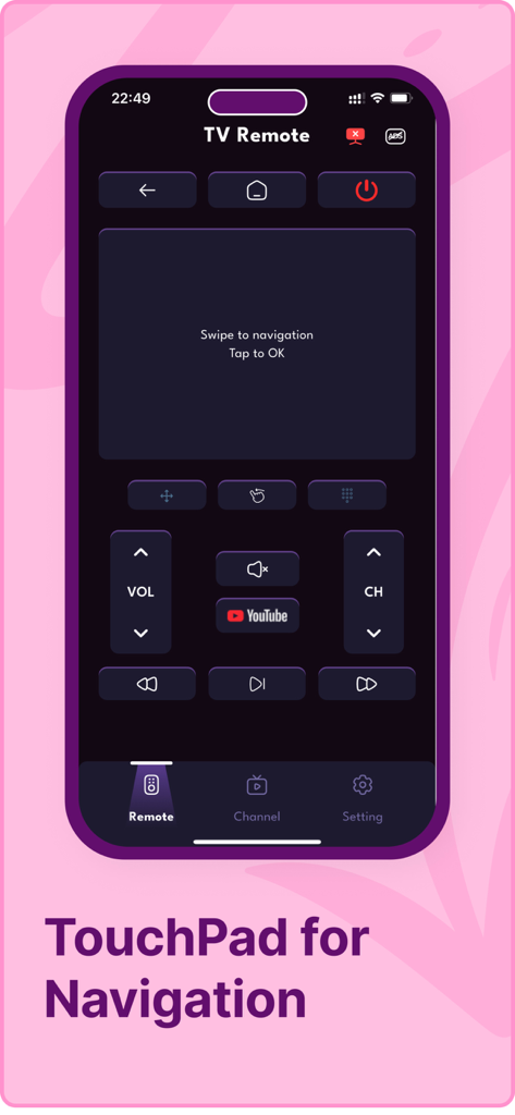 Remote Control Universal TV - Una interfaz de aplicación móvil para un control remoto universal de TV con un gran panel táctil central para una navegación y control sencillos.