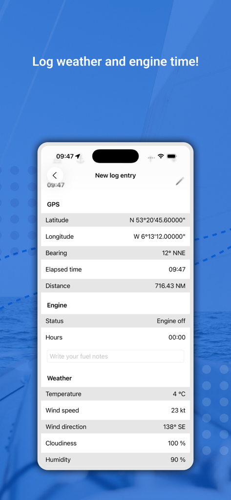 Boat Logbook & GPS Tracker - Écran de l'application affichant une entrée de journal de bord de bateau automatisée avec des données moteur et météorologiques